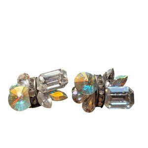 Vintage‎ Aurora Borealis Rhinestone Clip-On Earrings 1.5"